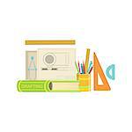 Drafting Class Related Objects Composition, Simple Childish Flat Colorful Illustration On White Background