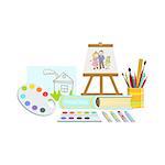 Painting Class Related Objects Composition, Simple Childish Flat Colorful Illustration On White Background