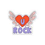 U Rock Winged Heart Bright Hipster Sticker With Outlined Border In Childish Style