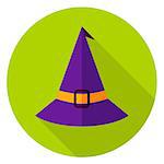 Witch Hat Circle Icon. Flat Design Vector Illustration with Long Shadow. Happy Halloween Symbol.