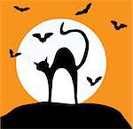 vector illustration of a cat and bats silhouettes in the moon background