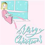 Girl sitting on the window-sil and read book. Merry Christmas lettering. EPS10. Vector illustration.