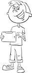 Black and White Cartoon Illustration of Teen Boy with Tablet PC for Coloring Book