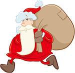 Cartoon Illustration of Santa Claus Walking with Sack of Gifts on Christmas