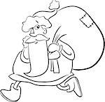 Black and White Cartoon Illustration of Santa Claus Walking with Sack of Gifts on Christmas for Coloring Book