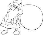 Black and White Cartoon Illustration of Santa Claus with Sack of Presents on Christmas for Coloring Book