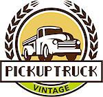 Illustration of a vintage pick up truck set inside circle with stylized wheat wreath and the words text Pickup Truck Vintage done in retro style.