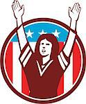 Illustration of a female american football fan with hands raised up viewed from front set inside circle with american usa stars and stripes flag in the background done in retro style.
