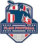 Illustration of a flag football player QB passing ball viewed from the side set inside shield crest with the words text Flag Football done in retro style.