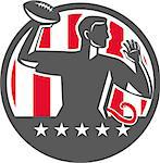 Illustration of a flag football player QB passing ball viewed from the side set inside circle with stars and stripes in the background done in retro style.