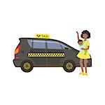 Woman With Baby Calling Black Taxi Car Simple Childish Flat Colorful Illustration On White Background