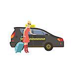 Woman With Suitcase Entering Black Taxi Car Simple Childish Flat Colorful Illustration On White Background