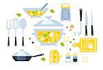 Soup Preparation Set Of Utensils Illustration. Flat Primitive Graphic Style Collection Of Cooking Items And Vegetables On White Background.