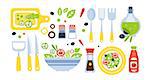Salad Preparation Set Of Utensils Illustration. Flat Primitive Graphic Style Collection Of Cooking Items And Vegetables On White Background.