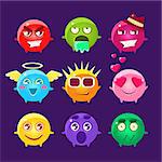 Collection Of Round Character Emoji Icons.Cute Emoticons In Cartoon Childish Style Isolated On Dark Background.