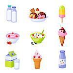 Dairy Products Assortment Set Of Isolated Icons. Simple Realistic Flat Vector Colorful Drawings On White Background.