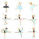 Ballerinas Training In Dance Class Set Of Flat Simplified Childish Style Cute Vector Illustrations Isolated On White Background