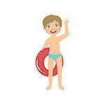 Boy With Round Float Waving Simple Design Illustration In Cute Fun Cartoon Style Isolated On White Background