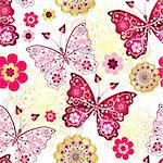 Seamless pattern with vintage butterflies and gold-purple flowers, vector