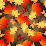 Brown gradient autumn seamless pattern with vivid colorful maple leaves and butterflies, vector