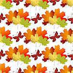 White autumn seamless pattern with vivid colorful maple leaves and purple butterflies, vector