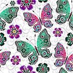 Seamless floral pattern with colorful gradient butterflies and flowers, vector
