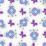 Spring seamless floral pattern with colorful gradient flowers and translucent polka dots (vector EPS 10)