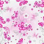 Floral effortless spring pattern with gradient cherry flowers and butterflies (vector)