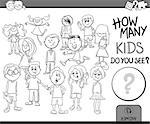 Black and White Cartoon Illustration of Educational Counting or Calculating Task for Children with Kid Characters Crowd Coloring Book