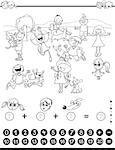 Black and White Cartoon Illustration of Educational Mathematical Counting and Addition Activity Task for Children with Kids and Dogs Coloring Book