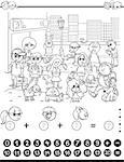 Black and White Cartoon Illustration of Educational Mathematical Counting and Addition Activity Task for Children with Kids and Dogs in the City Coloring Book