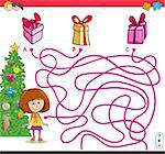 Cartoon Illustration of Educational Paths or Maze Puzzle Activity with Little Girl and Christmas Presents