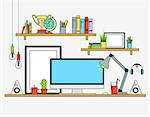 Line flat design mock up of modern workspace. Vector illustrations of posters, lamp, pencils, globe, winner cup, banners, speakers, cactus, coffee. Isolated pictograms and icons