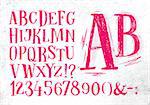 Font pencil vintage hand drawn alphabet drawing in pink color on dirty paper background.