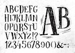 Font pencil vintage hand drawn alphabet drawing in black color on dirty paper background.