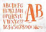 Font pencil vintage hand drawn alphabet drawing in orange color on dirty paper background.