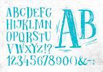 Font pencil vintage hand drawn alphabet drawing in blue color on dirty paper background.