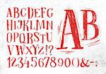 Font pencil vintage hand drawn alphabet drawing in red color on dirty paper background.