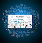 Teamwork Business concept with doodles Sketch background: infographics vector elements isolated, . It include lots of icons included graphs, stats, devices,laptops, clouds, concepts and so on.