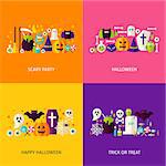 Halloween Party Concepts Set. Flat Design Vector Illustration. Collection of Trick or Treat Colorful Objects.