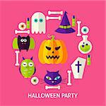 Halloween Party Flat Concept. Poster Design Vector Illustration. Set of Trick or Treat Objects.