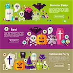Halloween Party Web Horizontal Banners. Flat Style Vector Illustration for Website Header. Trick or Treat Objects.