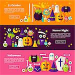 Happy Halloween Web Horizontal Banners. Flat Style Vector Illustration for Website Header. Trick or Treat Objects.