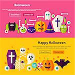 Happy Halloween Website Banners. Vector Illustration for Web Header. Trick or Treat Modern Flat Design.