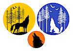 Howling wolf with moon, fir trees and flying birds, set of vector design elements