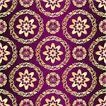 Floral purple seamless pattern with vintage flowers and gold lacy rings, vector