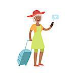 Old Lady Travelling And Texting Bright Color Cartoon Simple Style Flat Vector Sticker Isolated On White Background
