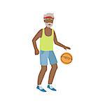 Old Man Playing Basketball Bright Color Cartoon Simple Style Flat Vector Sticker Isolated On White Background