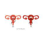 Healthy vs Unhealthy Uterus Infographic Illustration.Humanized Human Organs Childish Cartoon Characters On White Background