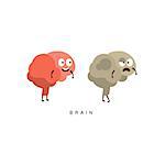 Healthy vs Unhealthy Brain Infographic Illustration.Humanized Human Organs Childish Cartoon Characters On White Background